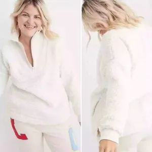 Aerie Fuzzy Fluffy Soft Pullover Warm Quarter Zip Sweater Cream Women's Small thumbnail 2