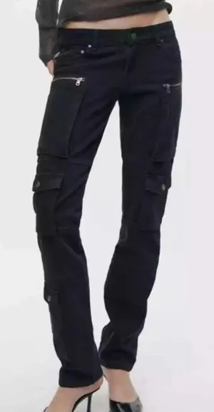 ZARA Slim Cargo JEANS Black GOTH GRUNGE PUNK 90s Size 0 Mid Rise XS NWT thumbnail 1
