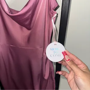 More to Come Adonia Pink Satin Wrap Midi Dress With Cowl Neckline And Tulip Hem thumbnail 6