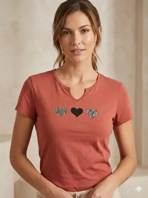 GUESS Rust Short-Sleeve Tee with Heart Motifs thumbnail 1