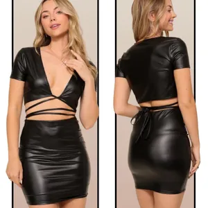 Timing Black Faux Leather Mini Skirt Set M Tie V Neck Crop Top Clubwear Baddie thumbnail 3