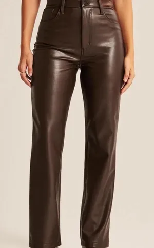 Abercrombie The 90s Straight Ultra High-Rise Brown Leather Faux Pants thumbnail 1