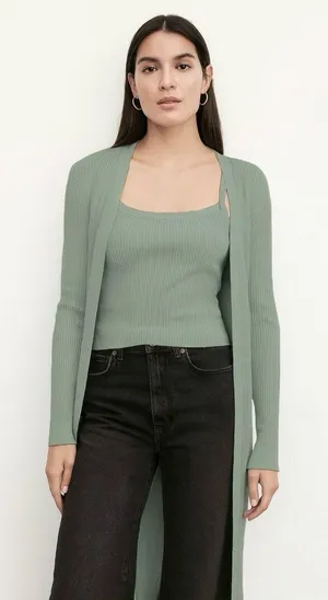 Abercrombie & Fitch Sage Green Ribbed Duster Open Front Cardigan thumbnail 1
