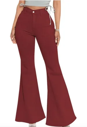 (RFB3) High Waist Flare Jeans Burgundy Size Large Butt Lift Stretch Denim Pants thumbnail 1