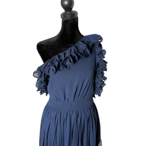 Lulus Navy Blue Ruffle Chiffon Midi Maxi‎ Dress Flowy One Shoulder Formal Size M thumbnail 4