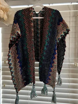 Boho Festival Multicolor Open Knit Tassel Poncho Cardigan OS thumbnail 1
