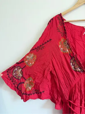 Free People Cora Embroidered Mini Dress Size Large Red Floral Boho Beach thumbnail 6