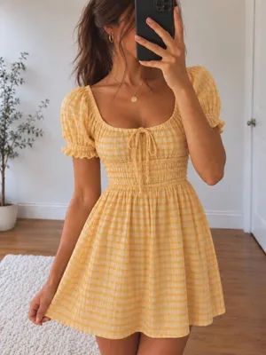 Urban Outfitters Yellow Gingham Puff-Sleeve Dress thumbnail 1