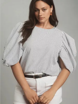 Anthropologie Maeve Puff-Sleeve Boatneck Top Striped Women’s Size Large Cotton thumbnail 4