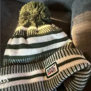 New Era NWT New York Jets Pom Knit Beanie Green White Striped‎ Hat Unisex thumbnail 5