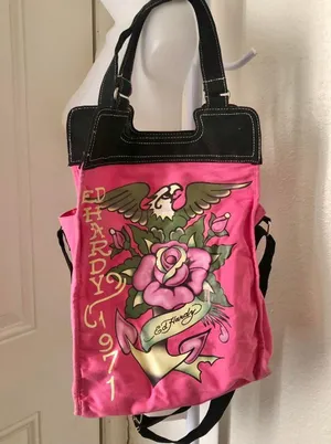 Ed Hardy 1971 pink and black tote shoulder hand crossbody bag purse grunge punk thumbnail 1
