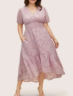 Bloomchic Solid Textured Lantern Sleeve Button Detail Dress thumbnail 3
