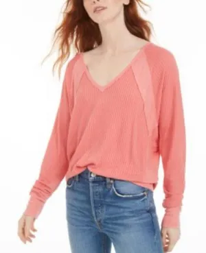 FREE PEOPLE Women's Large Santa Clara Oversized V Neck Thermal Sweater Top Pink thumbnail 1