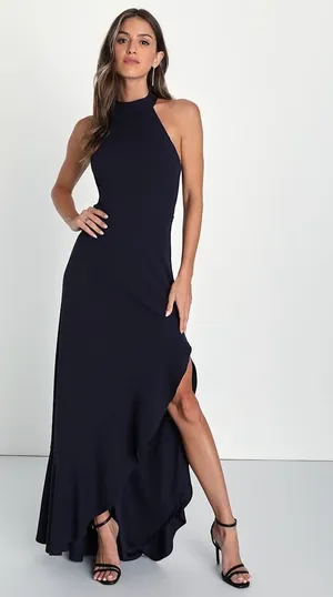 NWT Lulus Majestic Perfection Navy Blue Ruffle Halter Maxi Dress Flapper Dance S thumbnail 1