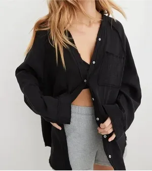 Aerie Pool To Party Long Sleeve Gauzy Tunic Button Down Shirt Black XS thumbnail 1