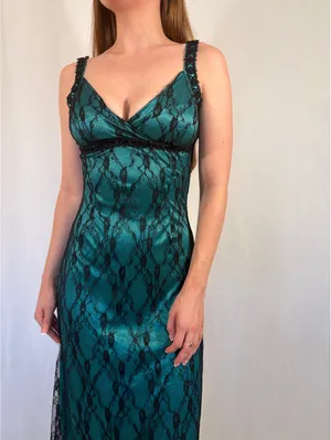 Turquoise Lace Overlay Gothic Maxi V Neck Dress Blue thumbnail 7