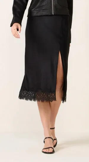 Sanctuary Evereve Satin Midi Slip Skirt with Lace Hem and Slit Black Small thumbnail 1