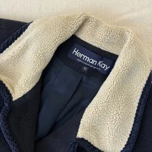 Herman Kay Vintage Women 12 Colorblock Wool‎ Coat Sherpa Collar Navy Grey Beige thumbnail 8
