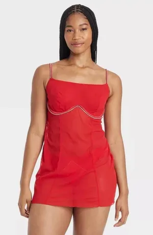 Women's Rhinestone Lingerie Dress - Auden Red thumbnail 1
