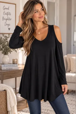 Peace Love World Black Cold Shoulder Modal Tunic Top Size S thumbnail 1