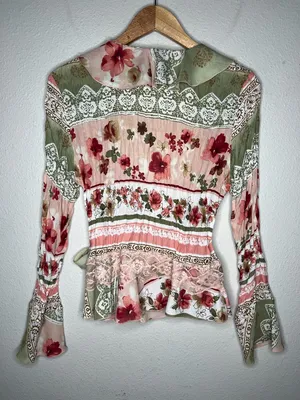 Y2K Vintage Pastel Floral Crinkle Textured Flared Sleeve Wrap Fairycore Blouse thumbnail 2