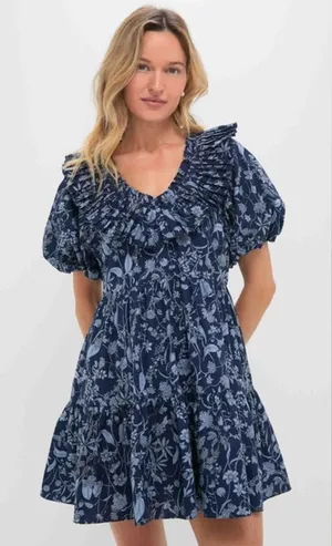 NWT Tuckernuck Hyacinth House Samson Mini Dress New Ruffle Navy‎ Floral Blue thumbnail 1