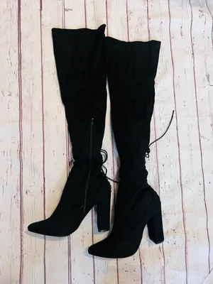 Ivona Stretch Over The Knee Boots Black Faux Suede Tie Detail 4” Heel thumbnail 6