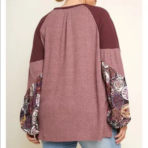 Umgee Waffle Knit Balloon Sleeve Sweater Top Sz Large Boho Patchwork thumbnail 3