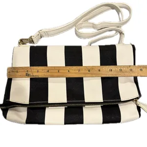 Black and White Pinstriped Purse. Fold Over with Zipper Pocket. 3 Pockets inside thumbnail 4