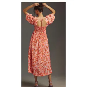 Anthropologie Smocked Babydoll Midi Dress Pink Orange Floral M Medium thumbnail 4