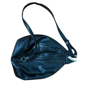 Black‎ Leather Like Sling Teardrop Backpack Silver V Hardware Adjustable Strap Black thumbnail 2