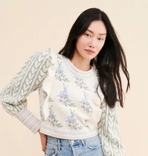 LoveShackFancy Warwick Pullover Sweater in Dew Drop Cream thumbnail 1