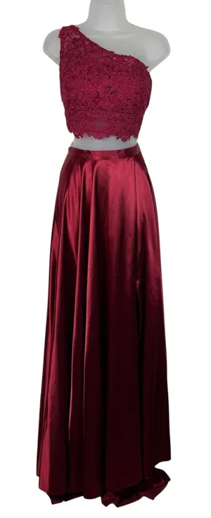 Sherri Hill 52730 Satin Skirt 2 Piece Maroon Red One Shoulder Prom Pageant Gown thumbnail 1