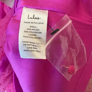 Lulus Dramatic Poise Magenta Pink Dot Tulle Puff Sleeve Tiered Mini Dress Size L thumbnail 7