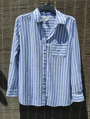 Nicole Miller Blue and White Striped Linem Blend Button-Up Shirt Small thumbnail 2