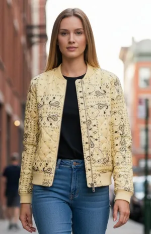 NWT $100 Levi's Yellow Bandana Paisley Diamond Quilted Bomber Jacket XL thumbnail 1