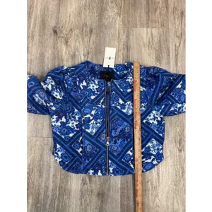7 For All Mankind Woman Blue Floral Tile Quilted Cropped Jacket Size Medium NeW thumbnail 6