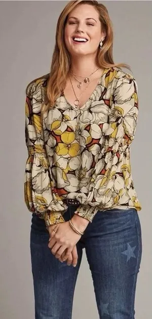 CAbi L Large‎ Sequel Blouse Floral V-Neck Smocked Poet Sleeves #3954 Women's thumbnail 1