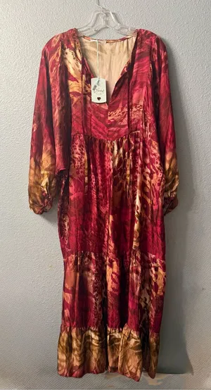 Women's Red & Brown Maxi Dress - Flowing V-Neck Boho Style nwt thumbnail 1