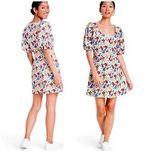 Rixo for Target Women's Linen Rayon Multi Floral‎ Puff Sleeve Button Dress 2 NWT thumbnail 2