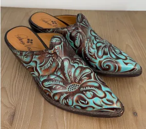 Patricia‎ Nash Turquoise Brown Tooling Leather Mule Pointed Toe Western Shoes 6 thumbnail 1