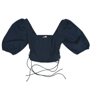 Abercrombie Womens Lace Up Corset Crop Top Puff Sleeve XS Black Coquette Cottage thumbnail 2