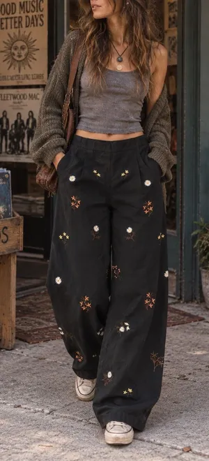 Floral Embroidered Wide Leg Trousers Womens Medium Black thumbnail 1