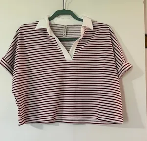 Zenana Outfitters Burgundy & White Striped Cropped Polo Tee and shorts set thumbnail 1