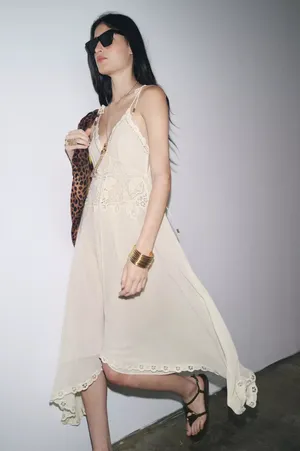 Zara Elegant White Lace Trim Dress beads cream boho hippie summer beach thumbnail 15
