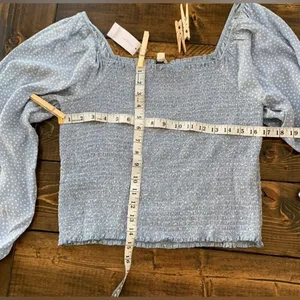 American Eagle Light Blue Polka Dot Smocked Crop Blouse XL Off-Shoulder no tags thumbnail 2