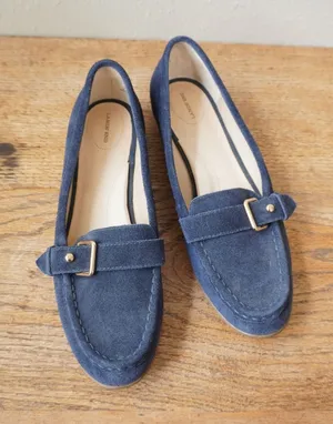 Lands End Women's Size 10 Navy Blue Loafers Suede Buckle Flat Shoes Casual Chic thumbnail 1