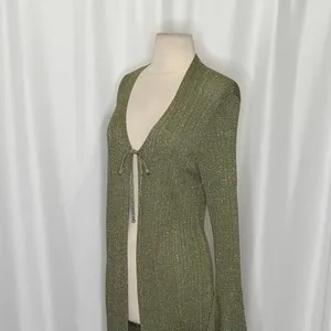 By ANTHROPOLOGIE Long Shine Cardigan Sweater Green Tie Front Knitwear Small thumbnail 7