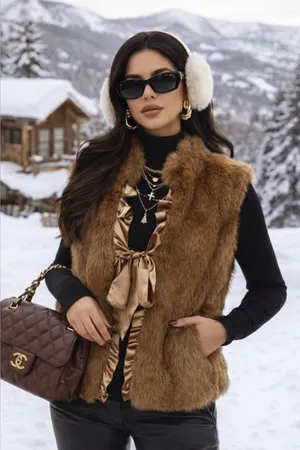 Terry Lewis Women’s Faux Fur Vest Satin Trim Y2K Mob Wife Brown Luxe Women Sz L thumbnail 1