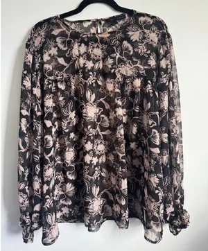 Sanctuary XL Floral Sheer‎ Blouse Black Pink Long Sleeve Boho Top Spring Flowy thumbnail 1